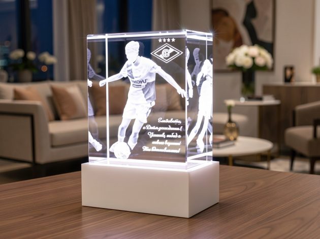 Стеклянный кристалл с 3D гравировкой футболиста и подсветкой