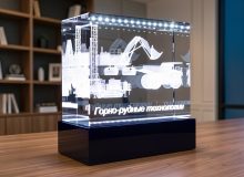3D гравировка горной техники в стеклянном кристалле