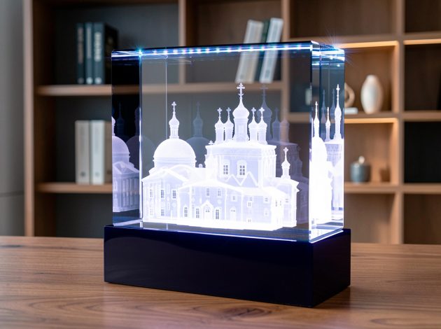 3D гравировка православного храма в стеклянном кристалле с подсветкой