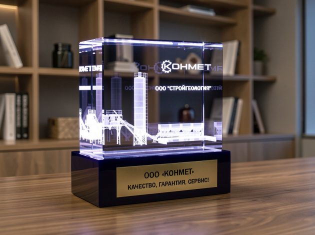 3D гравировка промышленного комплекса в стеклянном кристалле с подсветкой