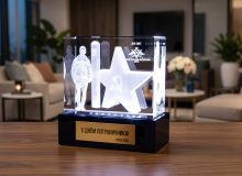 Подарок ко Дню пограничника — стеклянный кристалл с 3D гравировкой и подсветкой