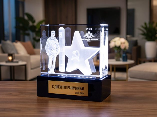 Подарок ко Дню пограничника — стеклянный кристалл с 3D гравировкой и подсветкой