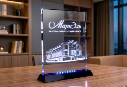 гравировка здания торгового центра в стеклянной награде