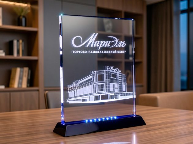 гравировка здания торгового центра в стеклянной награде