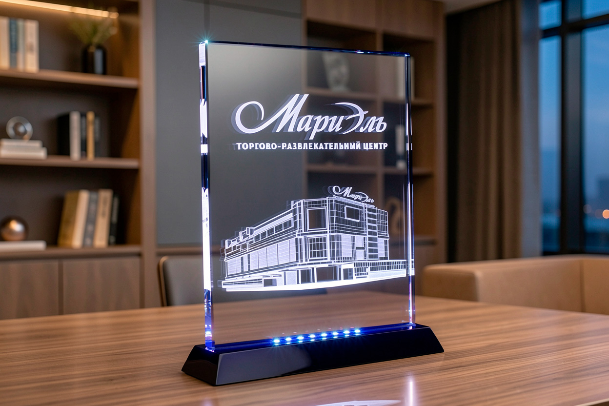 гравировка здания торгового центра в стеклянной награде