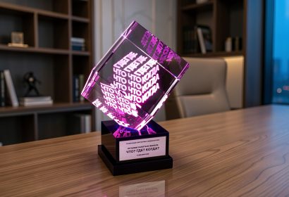 3D гравировка логотипа и текста в стеклянном кубе