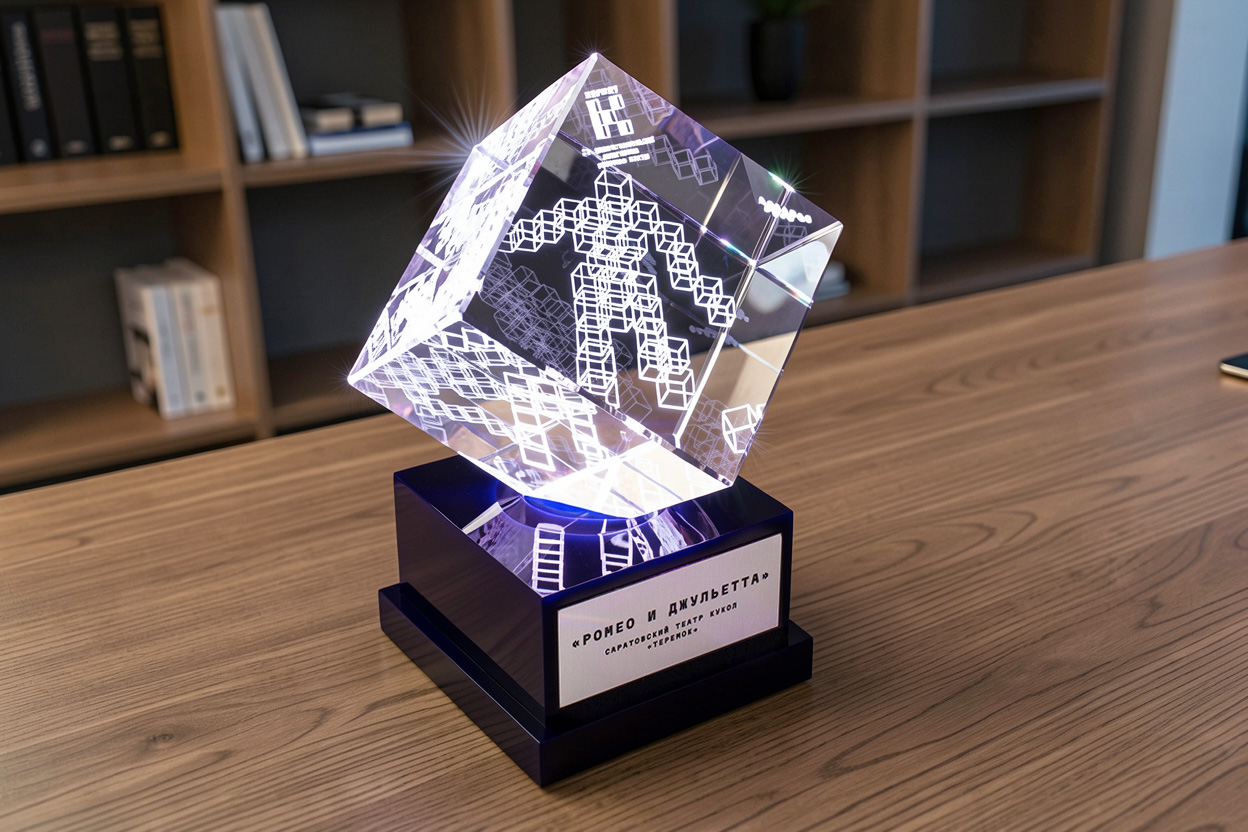 3D гравировка логотипа театрального конкурса в стекле