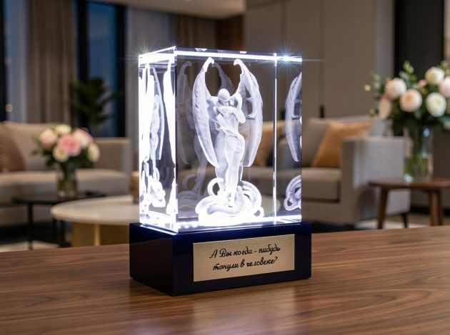 Стеклянный куб с объемной 3D скульптурной гравировкой