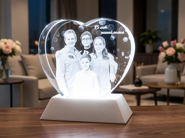 Семейный подарок на 15 лет — 3D фото в стеклянном сердце