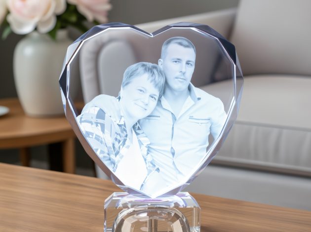 Семейная фотография в стеклянном сердце с гравировкой и подсветкой