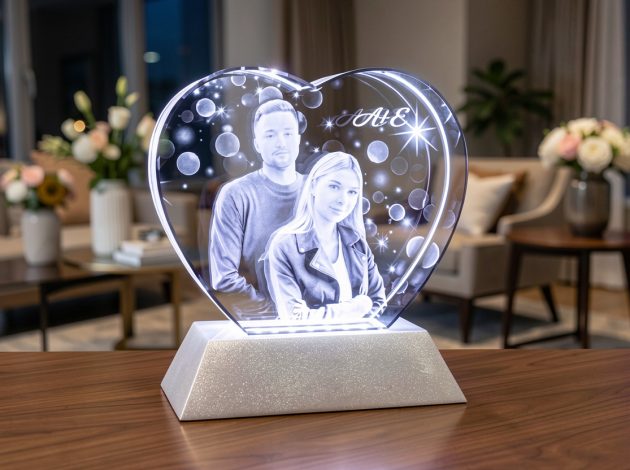Стеклянное сердце с 3D гравировкой фотографии пары и подсветкой
