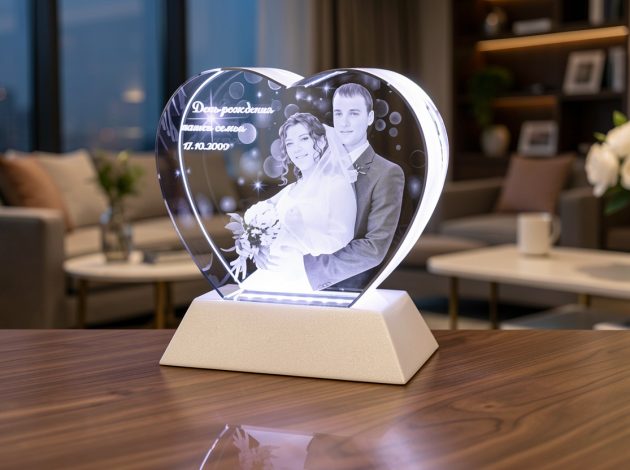 Свадебное фото в стеклянном сердце с объемной 3D гравировкой