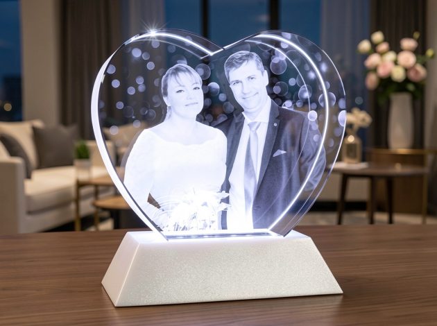 Свадебная фотография в стеклянном сердце с 3D гравировкой