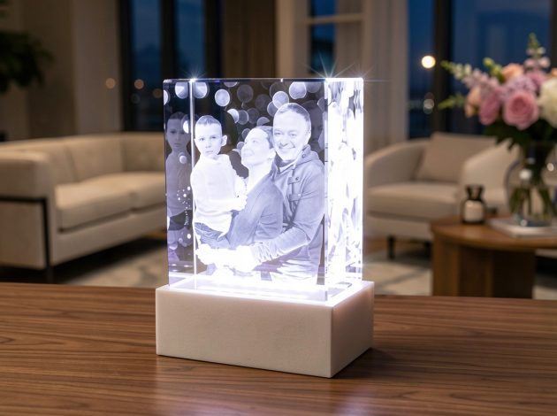 Вертикальный стеклянный кристалл с 3D гравировкой семейного портрета