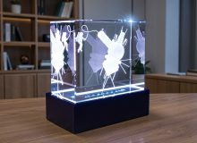 3D гравировка спутника и космонавта в стеклянном кубе