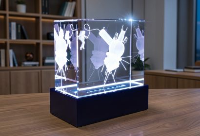 3D гравировка спутника и космонавта в стеклянном кубе