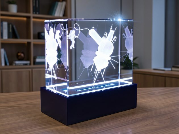 3D гравировка спутника и космонавта в стеклянном кубе