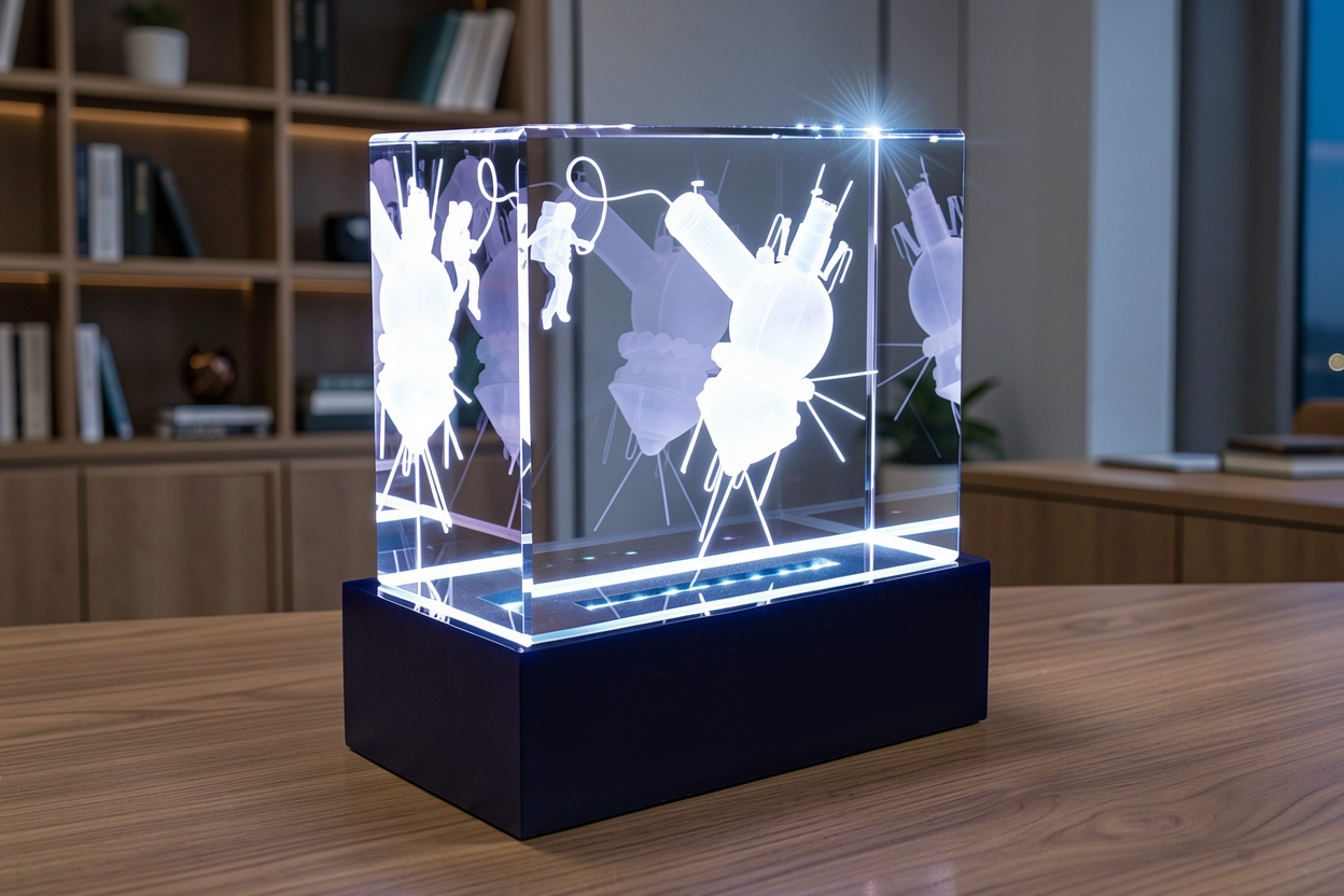 3D гравировка спутника и космонавта в стеклянном кубе