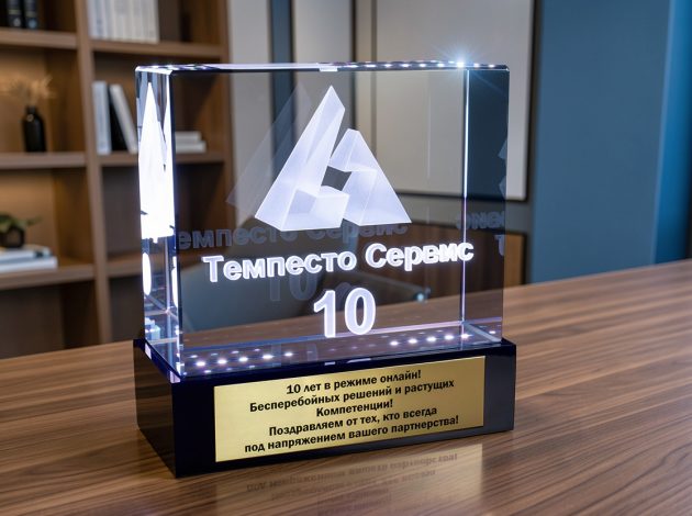 3D гравировка юбилейного логотипа 10 лет в стекле