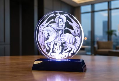 3D гравировка Георгия Победоносца в стеклянном круглом светильнике