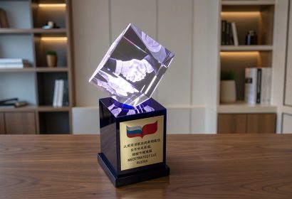 Корпоративная награда партнёрам с гравировкой рукопожатия