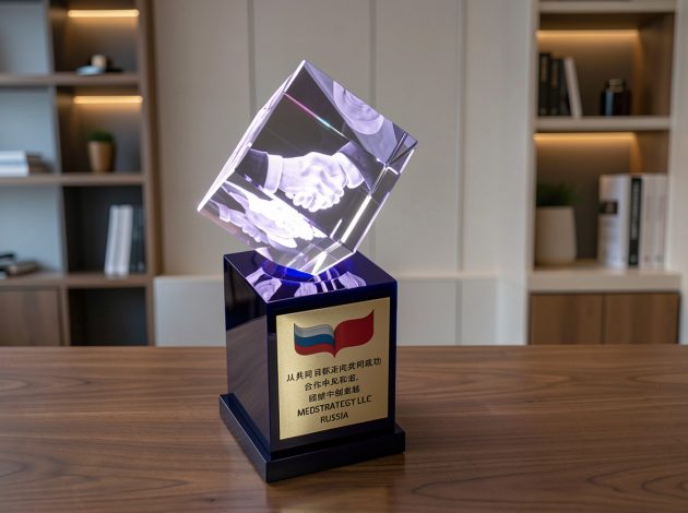 Корпоративная награда партнёрам с гравировкой рукопожатия