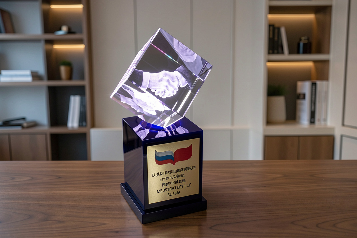 Корпоративная награда партнёрам с гравировкой рукопожатия