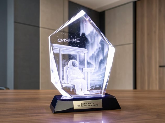 Корпоративная награда с 3D гравировкой космонавта в стекле с подсветкой