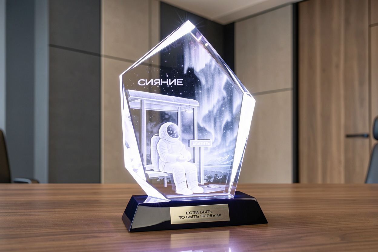 Корпоративная награда с 3D гравировкой космонавта в стекле с подсветкой