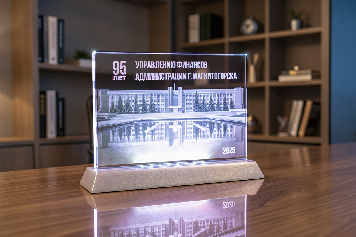 3D гравировка здания администрации в стеклянной панели