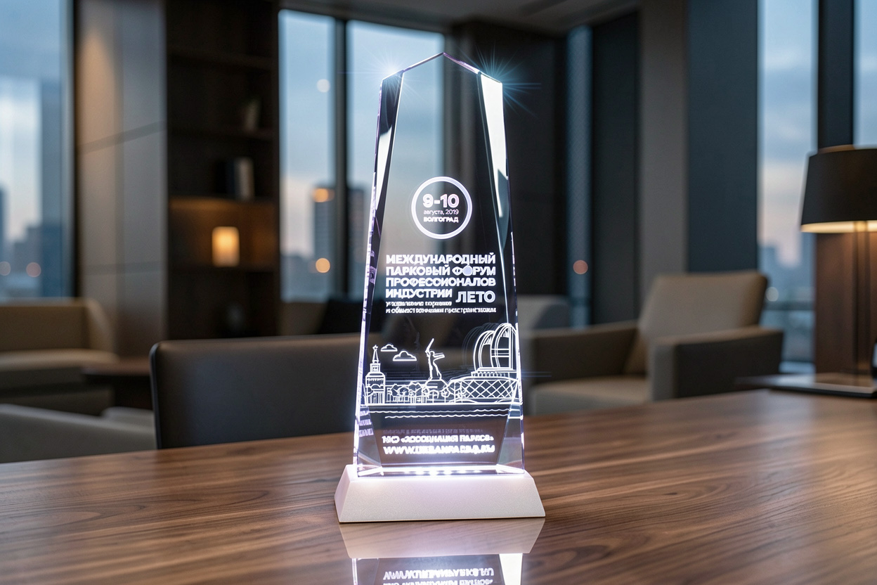 Стеклянная награда для форума с гравировкой и подсветкой