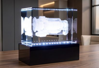 Стеклянная награда с 3D гравировкой промышленного механизма в стекле