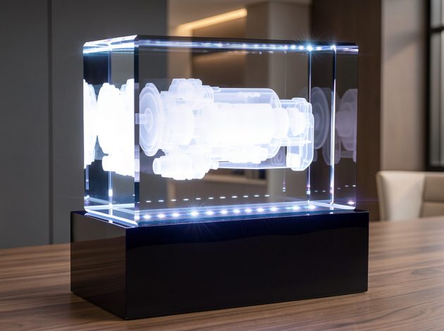 Стеклянная награда с 3D гравировкой промышленного механизма в стекле