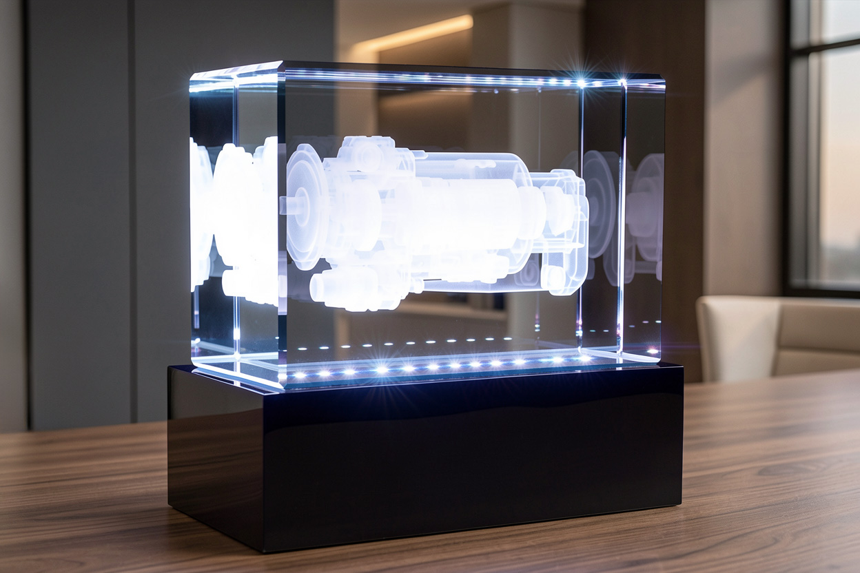 Стеклянная награда с 3D гравировкой промышленного механизма в стекле