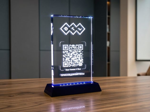 Стеклянная награда с гравировкой QR-кода и логотипа