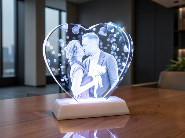 Сердце из стекла с фотографией и подсветкой