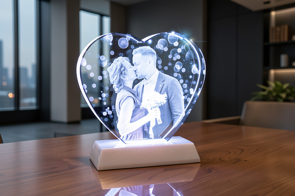 Сердце из стекла с фотографией и подсветкой