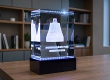 3D гравировка колокола Молодинская битва в стеклянном кубе