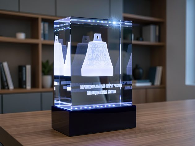 3D гравировка колокола Молодинская битва в стеклянном кубе