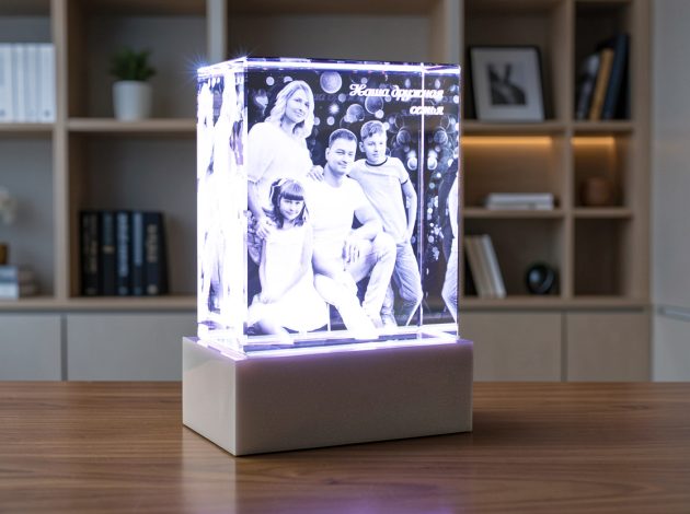 Семейное 3D фото в стекле с подсветкой в форме параллелепипеда