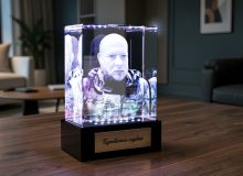 3D портрет мужчины в стекле с подсветкой и шильдом