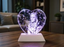 3D-портрет девушки в большом стеклянном сердце с подсветкой