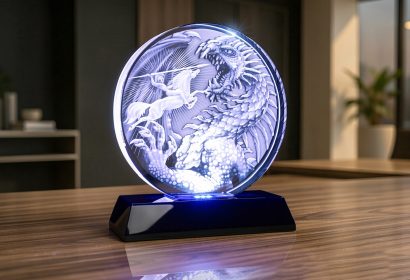 Дополнительный ракурс светильника «Шайба» с барельефом дракона и рыцаря в стекле
