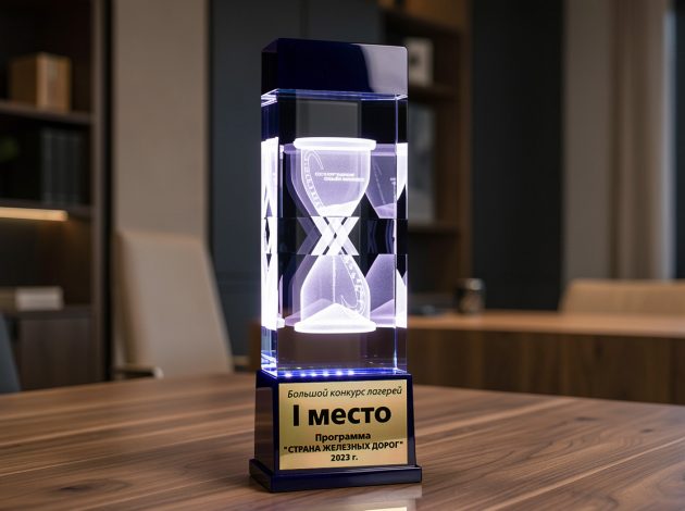 Награда из стекла «Сапфир» с 3D песочными часами и шильдом за 1 место