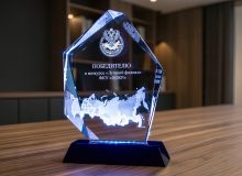 Награда из стекла «Престиж» с картой России, гербом и текстом победителю конкурса
