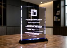 Наградная плакетка из стекла с логотипом компании и благодарностью главному бухгалтеру