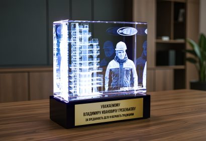 Награда из стекла «Гран-При» с 3D портретом руководителя и ректификационной колонной внутри