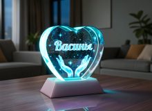 Светильник из стекла «Сердце» с фамилией семьи, 3D-руками и подсветкой