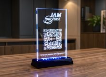 Стеклянная табличка с QR-кодом, логотипом JAM Universe и подсветкой